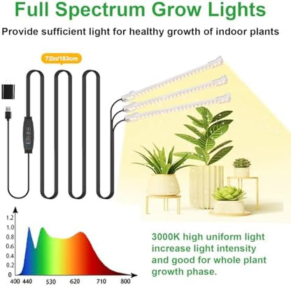 LED Grow Light Strips, Grow Lights for Indoor Plants Full Spectrum 3000K, 78 LEDs Plant Light with 3/9/12H Timer, 10 Dimmable Levels for Seedling Succulent and Plant Shelf, 3 Head 8.6 Inches