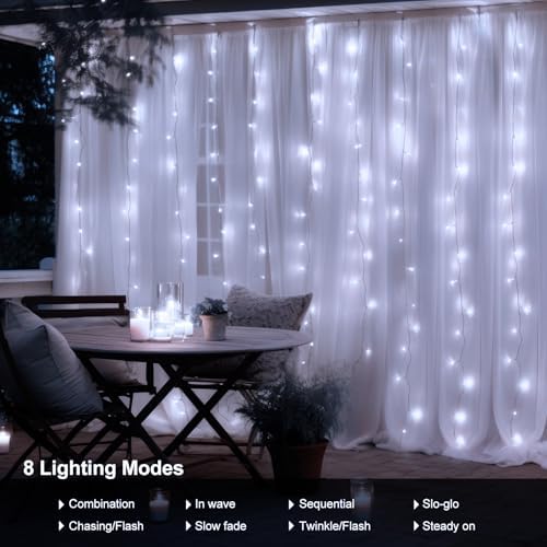 echosari 9.8Ft×9.8ft Curtain Lights Battery Operated with Remote Cool White