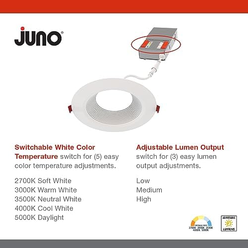 Juno LED Recessed Lights 6 Inch Round Wafer Downlight, 5-in-1 Switchable White Color Temperature, Adjustable Brightness, Deep Regressed Baffled Trim, 6-Inch, Matte White