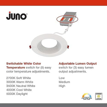 Juno LED Recessed Lights 6 Inch Round Wafer Downlight, 5-in-1 Switchable White Color Temperature, Adjustable Brightness, Deep Regressed Baffled Trim, 6-Inch, Matte White