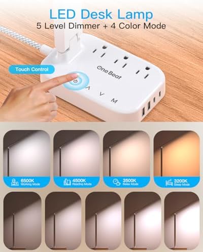 LED Desk Lamp, 10Ft Power Strip with 3 Outlets 4 USB Ports(2 USB C), White
