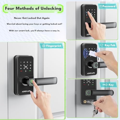 Keyless Entry Door Lock with Handle, Door Locks for Bedroom, Auto Lock, Fingerprint Door Knob with Key, Passcode, Digital Smart Code & Front Handle Sets-Black