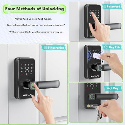 Keyless Entry Door Lock with Handle, Door Locks for Bedroom, Auto Lock, Fingerprint Door Knob with Key, Passcode, Digital Smart Code & Front Handle Sets-Black