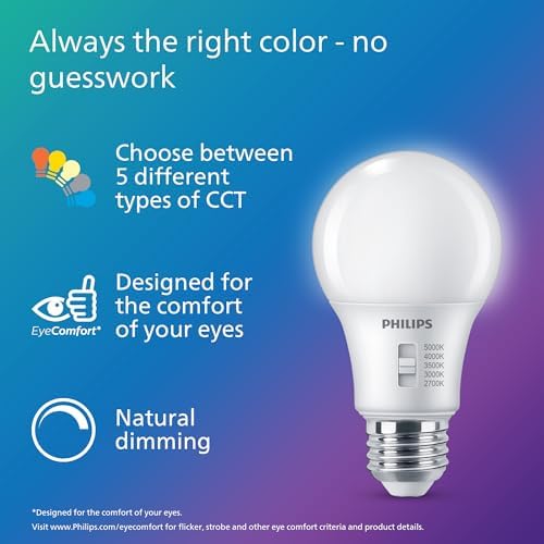 PHILIPS LED 75W A19 Light Bulbs 4-Pack Selectable White Multi-CCT 1100 Lumen (11W = 75W) Dimmable Frosted Flicker-Free Light Bulbs