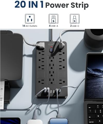 JouleLoom Surge Protector Power Strip-14 Outlets and 6 USB Ports, 20 Feet Flat Plug Extension Cord, 1850 Joules, Black, ETL Listed for Home, Office, Dorm Room