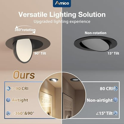 Amico 4 Pack 6 Inch Black 5CCT Gimbal LED Recessed Ceiling Light