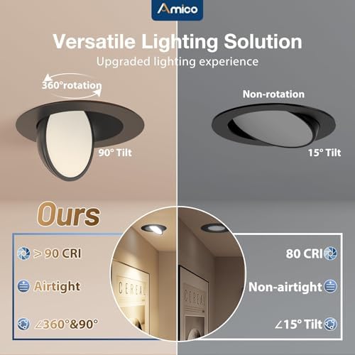 Amico 6 Pack 6 Inch Black 5CCT Gimbal LED Recessed Ceiling Light