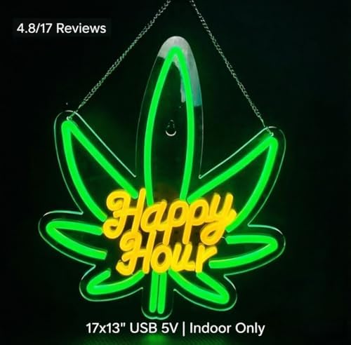 Happy Hour Neon Sign, USB 5V Powered LED Silicone Strip Neon Light, Acrylic Board Wall Decor for Bar Pub Man Cave Home Party, Non-Waterproof Indoor Use Only, Marijuana Neon Signs for Wall Decor