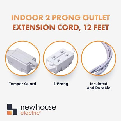 Newhouse Electric 12-Foot 2-Prong Indoor Outlet Extension Cord with Tamper Guard 2 Pack CTCORD3FT-WH, Slim Indoor Extension Cords and Cube Taps for Home and Apartments Essentials