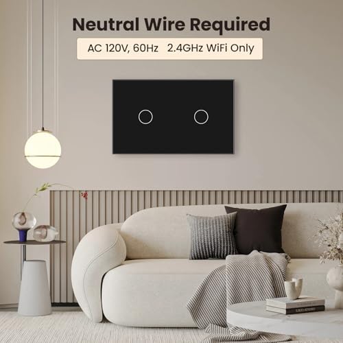 Smart Switch,Neutral Wire Required,APP Control,Black 2 Button