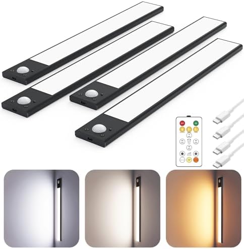 12" Under Cabinet Lighting Wireless, Remote, Motion Sensor, 4Pack, Black