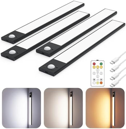 12" Under Cabinet Lighting Wireless, Remote, Motion Sensor, 4Pack, Black