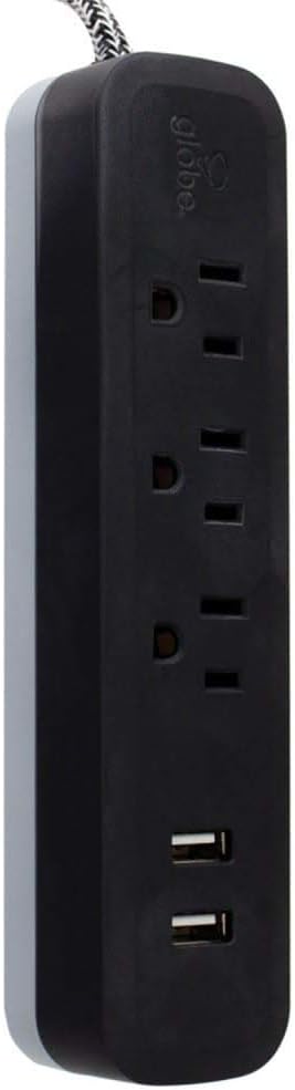 Globe Electric 78249 6ft 3-Outlet USB Surge Protector Power Strip, 2X USB Ports, 2.4 Amps Combined, Black Finish, Right Angle Plug, Compatible with All Charging Devices, Electronic Accessories