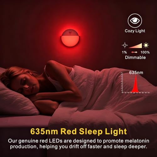 YUNLEX Red Night Light Battery Operated Motion Sensor, Nightlights 1-10lm