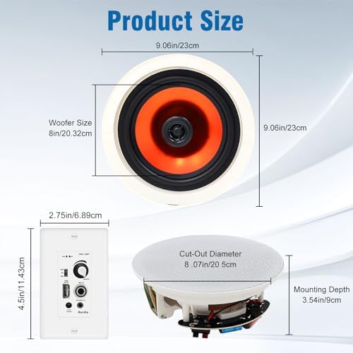 Herdio 8'' Bluetooth Ceiling Speakers 800W 2-Way Flush Mount Speakers System with Wall Amplifier Receiver for Home Theater Office (2 Pairs, Paintable-Grille)