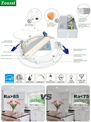 zouzai 12 Pack 6" LED Recessed Ceiling Lights, 12W=110W, 6000K, Dimmable