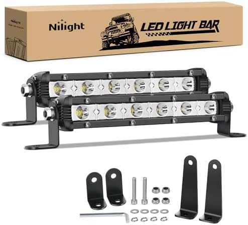 Nilight Single Row LED Light Bar Ultra-Slim Spot Pods 2PCS 7 Inch 18W Fog Light Driving Work Roof Bumper Lighting for Offroad 4x4 Trucks Polaris RZR SUV ATV UTV