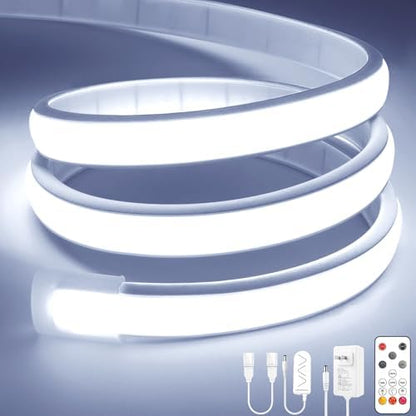Lamomo COB LED Strip Lights, 32.8Ft White Dimmable Self-Adhesive Led Rope Light with Remote, Flexible Cuttable Waterproof 6000K Silicone Neon Tape Light for Bedroom,Indoor, Cabinet, 10mm Width