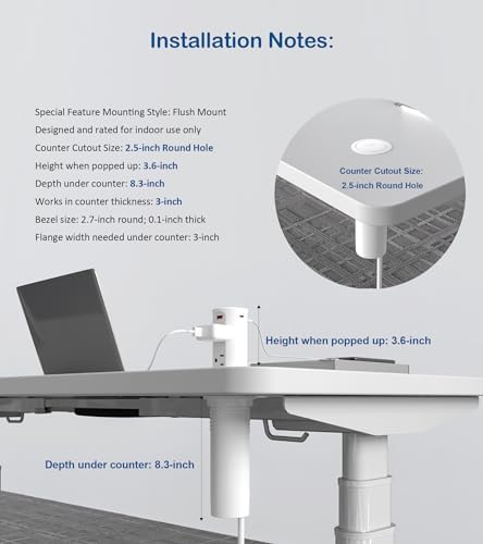 Jgstkcity Pop up Countertop Outlet,2.5in Hole Desk Grommet,White