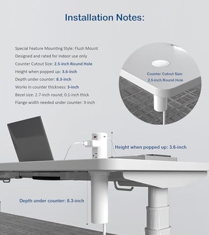 Jgstkcity Pop up Countertop Outlet,2.5in Hole Desk Grommet,White