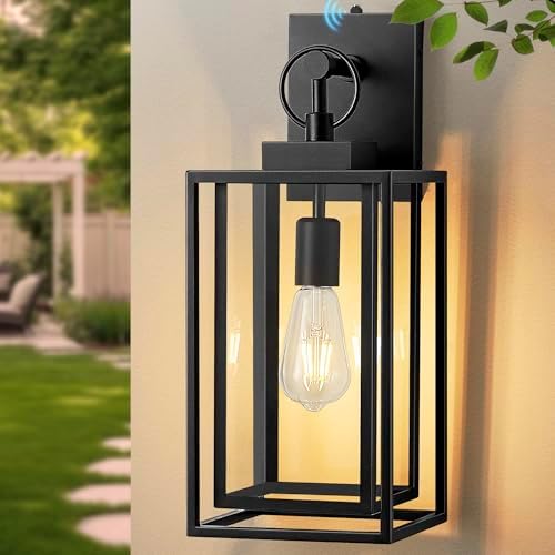 18 IN Dusk To Dawn Outdoor Wall Light,Double Cage Satin Black Exterior Lighting Fixtures With Clear Tempered Glass,Waterproof Auto On/Off Outdoor Lanterns For Porch,Garage,Yard,E26 Base,1 Pack