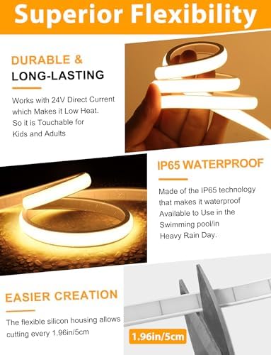 Lamomo COB LED Strip Lights Pro, 32.8Ft Warm White Dimmable Self-Adhesive Led Rope Light with Remote, Flexible Cuttable Waterproof 3000K Silicone Neon Tape Lights for Bedroom, Indoor, Outdoor,Cabinet