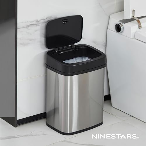 Ninestars 3 Gallon Automatic Trash Can, 12L Touchless Motion Sensor Bathroom or Bedroom Garbage Can with Odor-Sealing Lid, Rectangular Stainless Steel Base, Black Lid