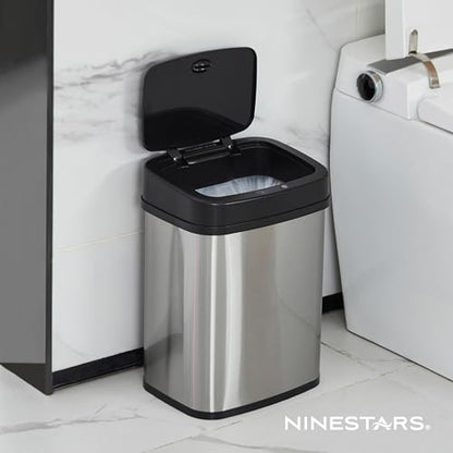 Ninestars 3 Gallon Automatic Trash Can, 12L Touchless Motion Sensor Bathroom or Bedroom Garbage Can with Odor-Sealing Lid, Rectangular Stainless Steel Base, Black Lid