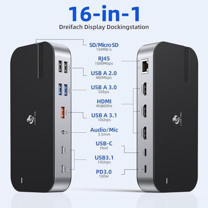 LIONWEI Laptop Docking Station,16 in 1 USB C Docking Station Triple Monitor