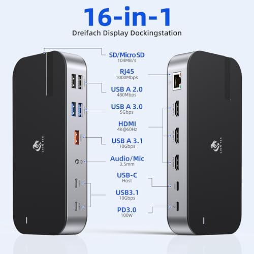 LIONWEI Laptop Docking Station,16 in 1 USB C Docking Station Triple Monitor