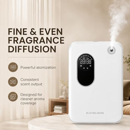 JUSTBLOOM Wall-Mounted Waterless Scent Diffuser, Smart Aroma Diffuser with LED Display, Touch Control, Timer Settings, Quiet Operation for Home, Office & Commercial Spaces, White