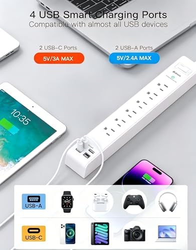 2 Pack Power Strip, Extension Cord 5FT, Surge Protector with 6 Outlets and 4 USB Ports (2 USB C), Flat Plug Overload Protection, Extension Cord with Multiple Outlets, Wall Mount for Home Dorm College