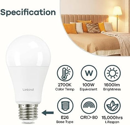 Linkind A19 LED Light Bulbs, 100 Watt Equivalent, 2700K Soft White 4 Packs