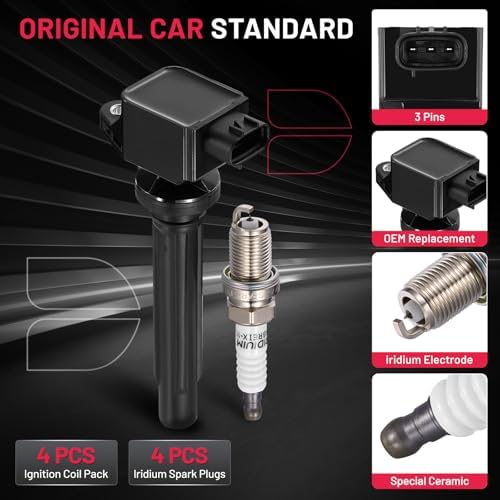 BDFHYK 4 Ignition Coil Pack UF562 and 4 Iridium Spark Plug 3764 Compatible with Suzuki 2006-2008 Grand Vitara 2.7L V6 Coil for 5C1785 E1062 52-2140 IC642 UF-562 3340065J00