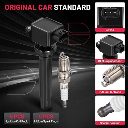 BDFHYK 4 Ignition Coil Pack UF562 and 4 Iridium Spark Plug 3764 Compatible with Suzuki 2006-2008 Grand Vitara 2.7L V6 Coil for 5C1785 E1062 52-2140 IC642 UF-562 3340065J00