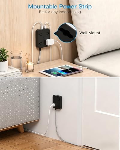 10 Ft Braided Extension Cord, Ultra-Thin Flat Plug, 4 Widely Spaced Outlets