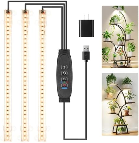 10.2'' 3 Head Grow Light Strips, LED Grow Lamps for Indoor Plants, Full Spectrum 3000K, Plant Light with 3/9/12H Timer, 10 Dimmable Levels for Seedling Succulent, Match for Plant Shelf