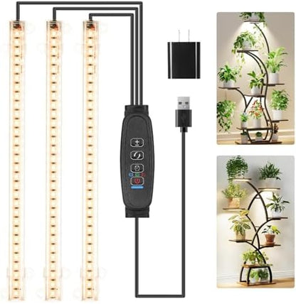 10.2'' 3 Head Grow Light Strips, LED Grow Lamps for Indoor Plants, Full Spectrum 3000K, Plant Light with 3/9/12H Timer, 10 Dimmable Levels for Seedling Succulent, Match for Plant Shelf