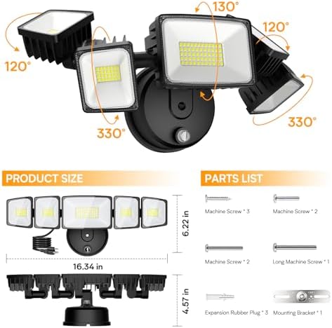 Onforu 150W 15000LM Dusk to Dawn Outdoor Lighting,5 Heads Plug in Flood Lights,6500K Super Bright Automatic Black Outdoor Lighting,IP66 Waterproof Hardwired LED Security Lights for Garage,Yard,Outside