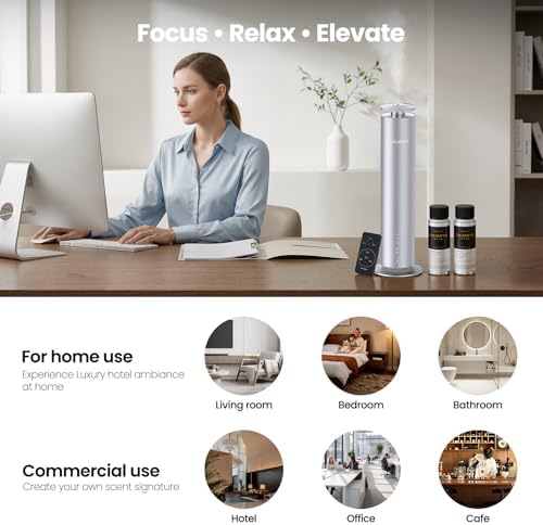 Waterless Essential Oil Diffuser for Large Room up to 1000 Sq Ft - Smart Hotel Scent Diffuser for Home with App, Remote & Timer, Whisper-Quiet Aluminum, Includes 2 x 120ml Oils