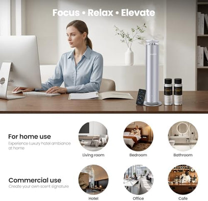 Waterless Essential Oil Diffuser for Large Room up to 1000 Sq Ft - Smart Hotel Scent Diffuser for Home with App, Remote & Timer, Whisper-Quiet Aluminum, Includes 2 x 120ml Oils