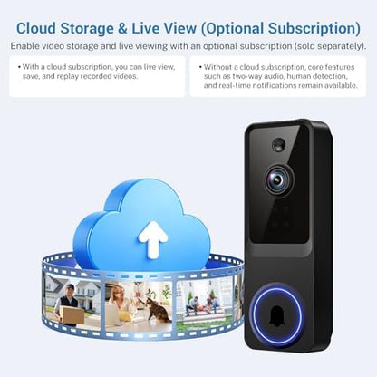 1080p Wireless Wi-Fi Video Doorbell Camera with Smart Human Detection, Night Vision, Two Way Audio, Cloud Storage, Support 2.4G WiFi Only