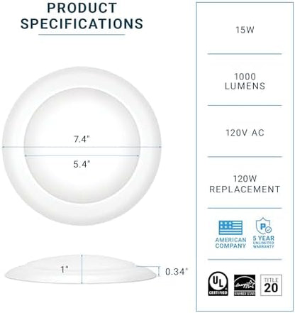 PARMIDA (4 Pack) 5/6 Inch Dimmable LED Disk Light Surface Flush Mount 15W, UL Listed, Recessed Retrofit Ceiling Disc Lights, Energy Star, Installs into Junction Box Or Recessed Can, 1050lm - 3000K