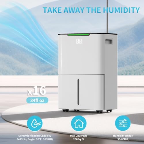 Dehumidifier for Home Basement, 34 Pints Dehumidifiers with Drain Hose for 1500 Sq. Ft Bedroom Bathroom Small Room RV, 3 Working Modes, Smart Humidity Control, 24H Timer, Auto Defrost