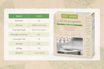 Complete LED Strip Light Kits (Warm White) 8 ft Flexible Tape 3000K Under Cabinet Plug-in Power Supply 318320