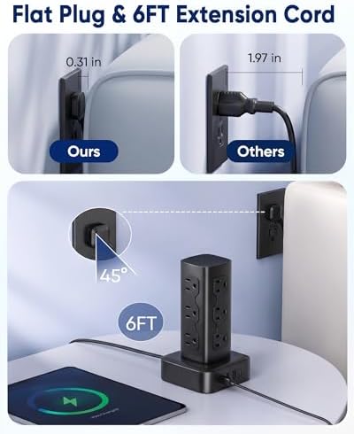 Power Strip Tower with 12 AC Outlets & 4 USB Ports(2 USB C), 6FT Cord