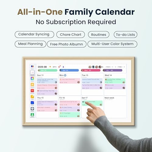 15.6-Inch Smart Digital Calendar & Photo Frame for Family, Wall Planner with Light Wood Frame, Auto-Sync to Apple, Google & Outlook, Touchscreen Display with Chore Chart, To-Do Lists & Meal Planner, No Subscription