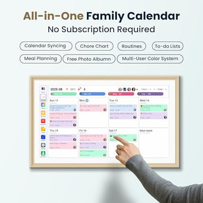 15.6-Inch Smart Digital Calendar & Photo Frame for Family, Wall Planner with Light Wood Frame, Auto-Sync to Apple, Google & Outlook, Touchscreen Display with Chore Chart, To-Do Lists & Meal Planner, No Subscription