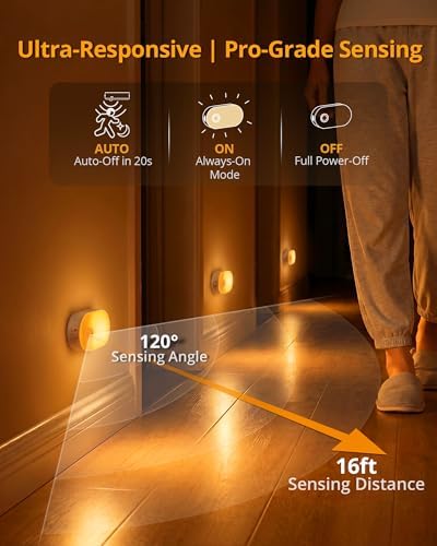 Lyridz Rechargeable Battery Night Light with Motion Sensor, Portable, Auto-Off, Dimmable for Bathroom, Bedroom, Kitchen, Stairs, Hallway, Pets, Travel, 4-Pack, Amber