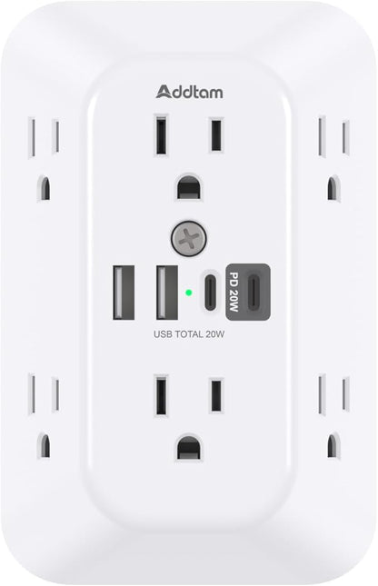 Addtam Surge Protector Outlet Extender, 6-Outlet Splitter with 4 USB Wall Charger(PD 20W), Multi Plug Wall Outlet 1800J Power Strip for Home Office Dorm Room Essentials, White